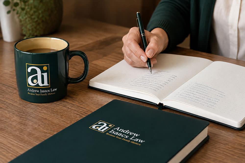 Notebook, pen and Andrew Isaacs Law mug on a desk